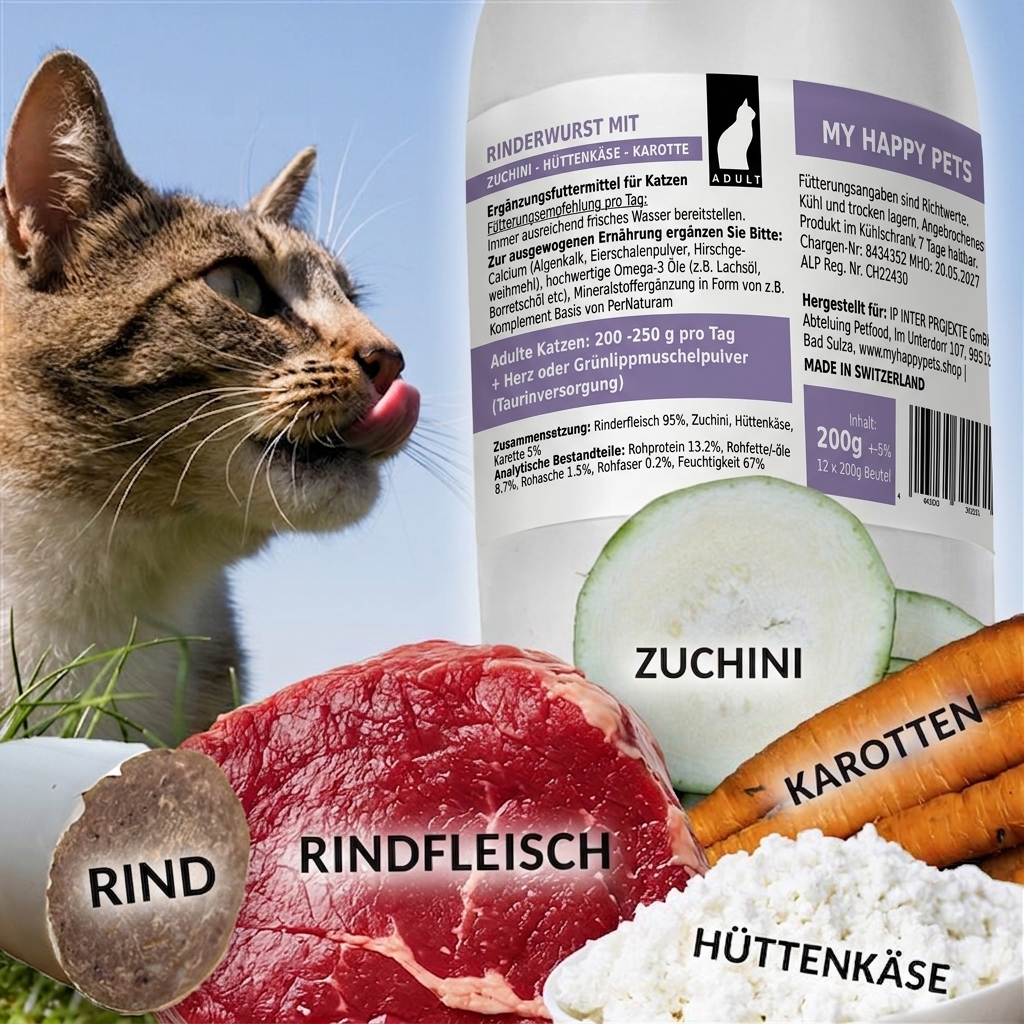 HAPPYFOR CATS Katzenfutter Rinderwurst mit Zucchini, Hüttenkäse & Karotte? 200g (Staffelpreise) - 4.jpg